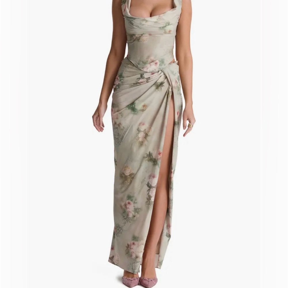 House of CB GreenVesper Ruched Slit Maxi skirt